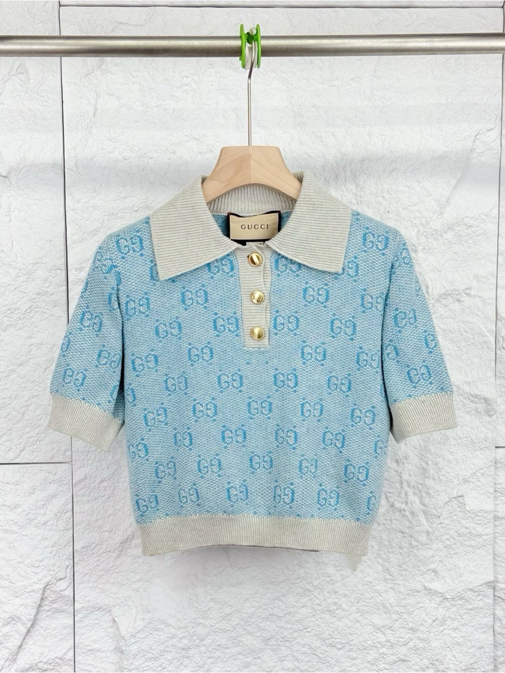 Gucci Light Blue GG Knit Polo with Cream Trim